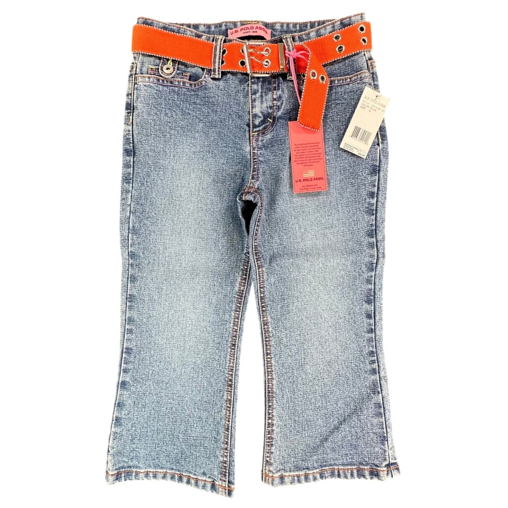 U.S. Polo Assn Flare Jeans Girls 8 Blue Ramie Cotton Stretch Y2K‎ With Belt